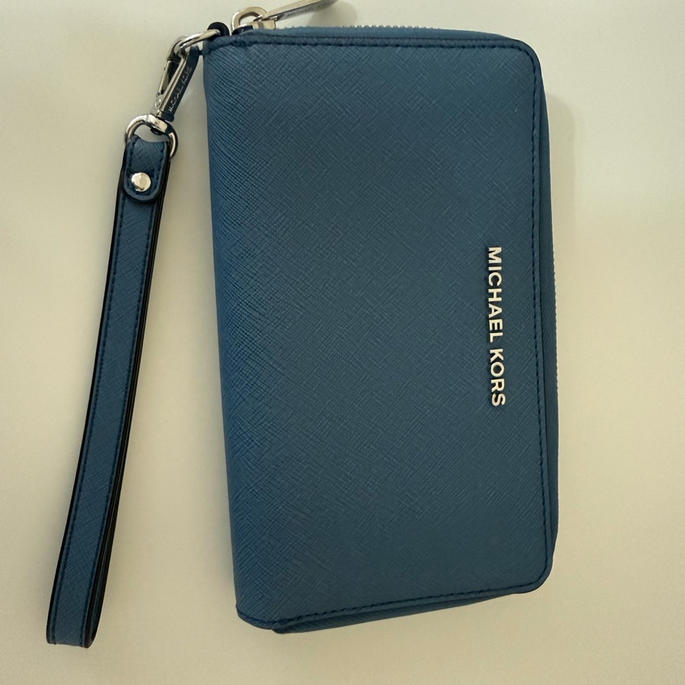 Michael Kors Teal Leather Wristlet with Strap